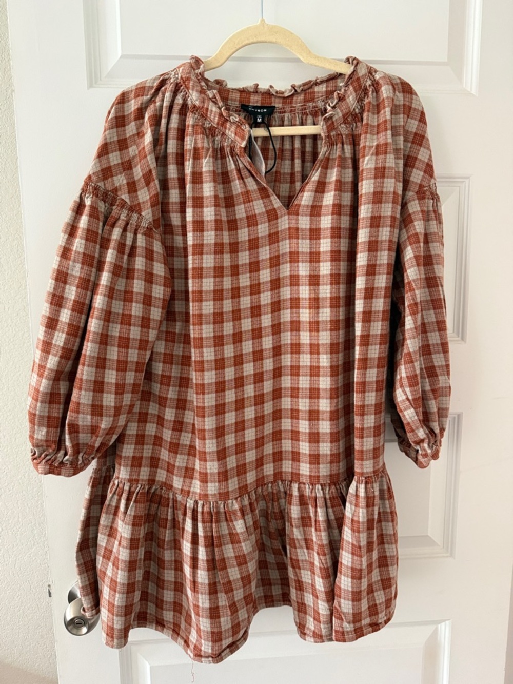 Hayson Rust Plaid Peasant Tunic Dress Medium